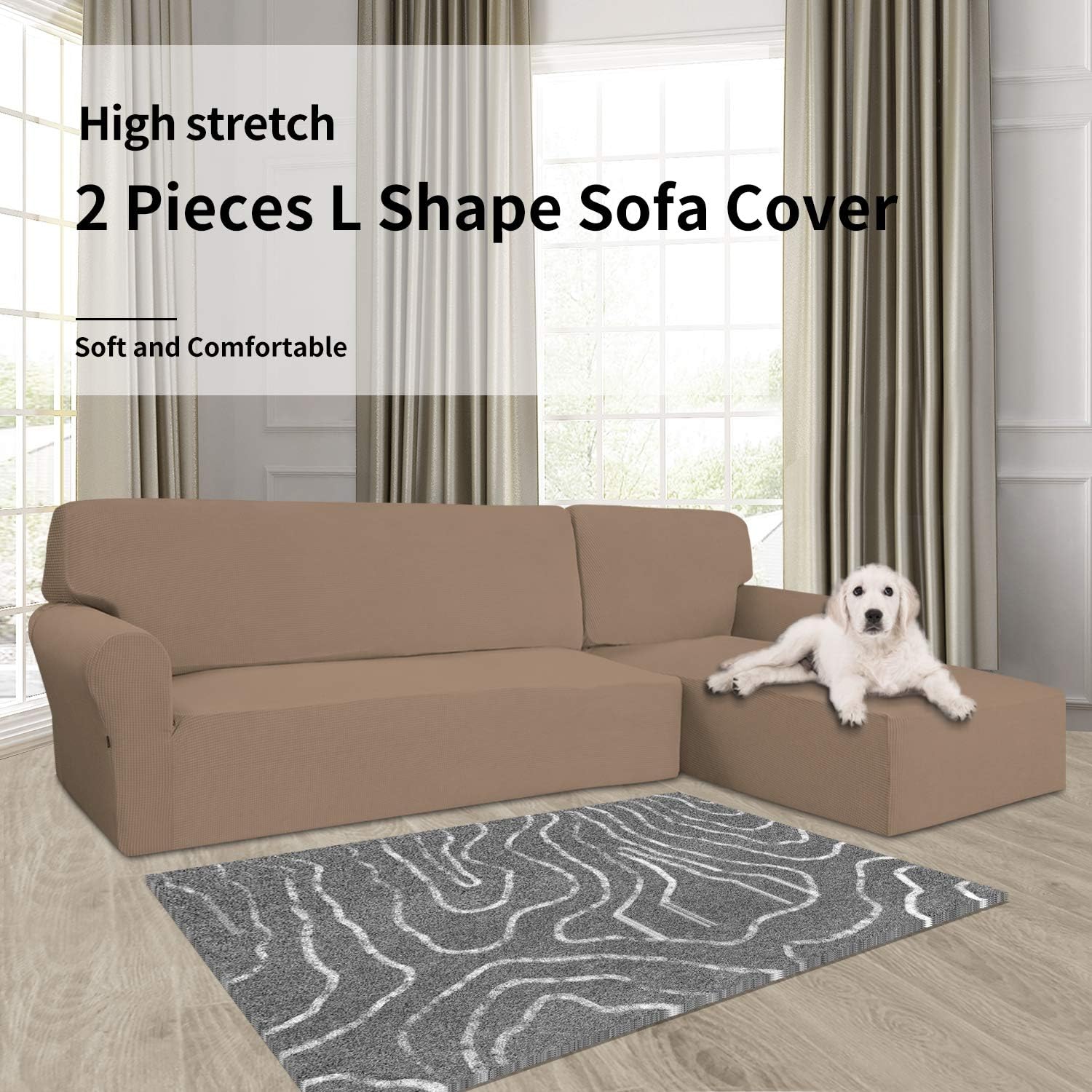 Easy-Going Stretch Sofa Slipcover 2 Pieces L-Shaped Sofa Cover Sectional Couch Cover for Living Room Jacquard Fabric Chaise Lounge Slipcover with Elastic Bottom for Dogs Kids Pets(X-Large,Camel)