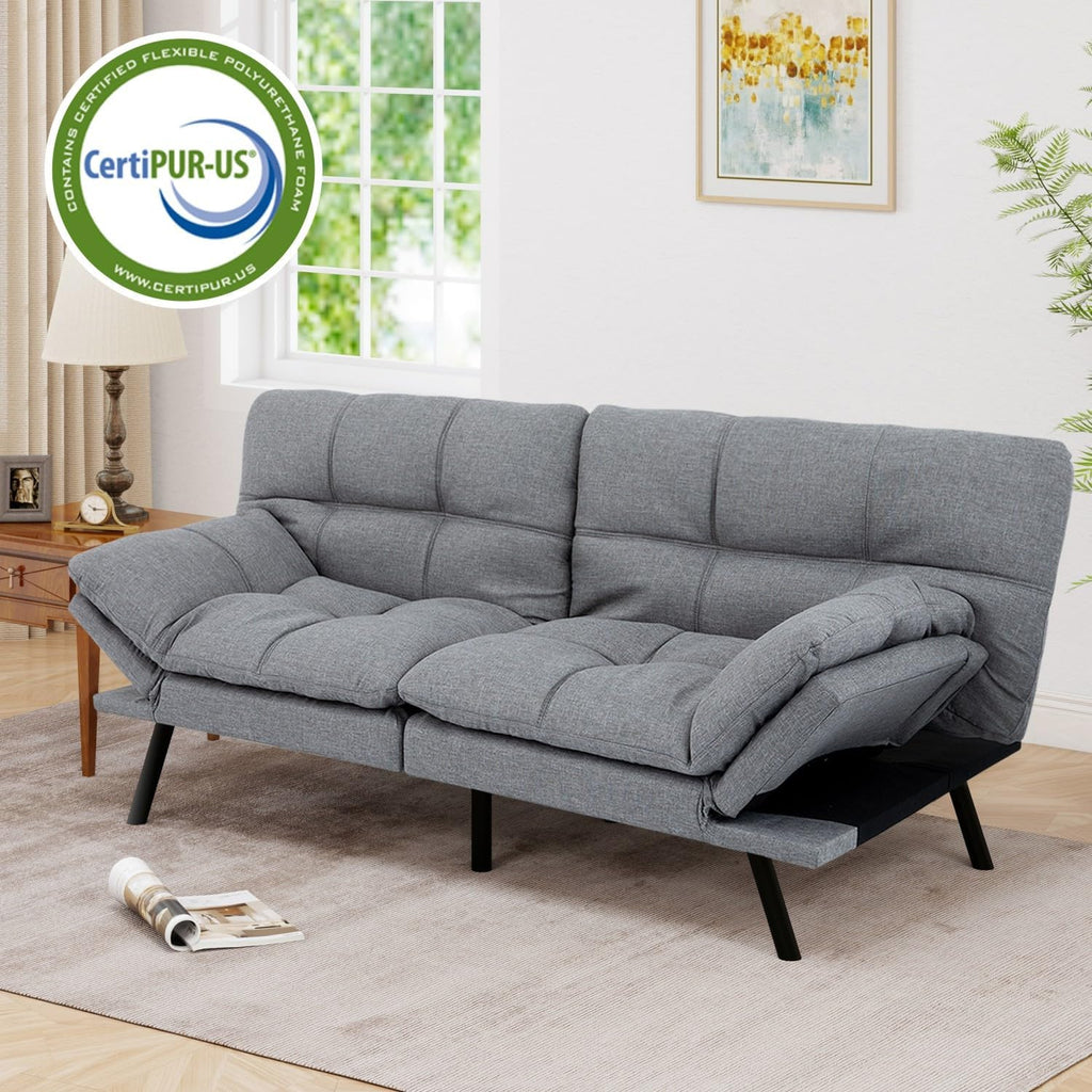 MUUEGM 71' Futon Sofa Bed, Cozy Convertible Loveseat Sleeper, Linen Fabric Couch with Adjustable Back & Arms for Living Room, Guest Room - Ash Gray