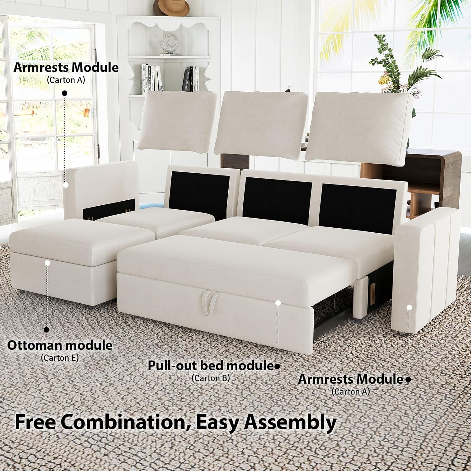 Belffin Modular Sectional Sofa with Sleeper Sofa Couch Pullout Bed, Oversized U Shaped Sleeper Sectional Couch with Storage Seat for Living Room, Beige