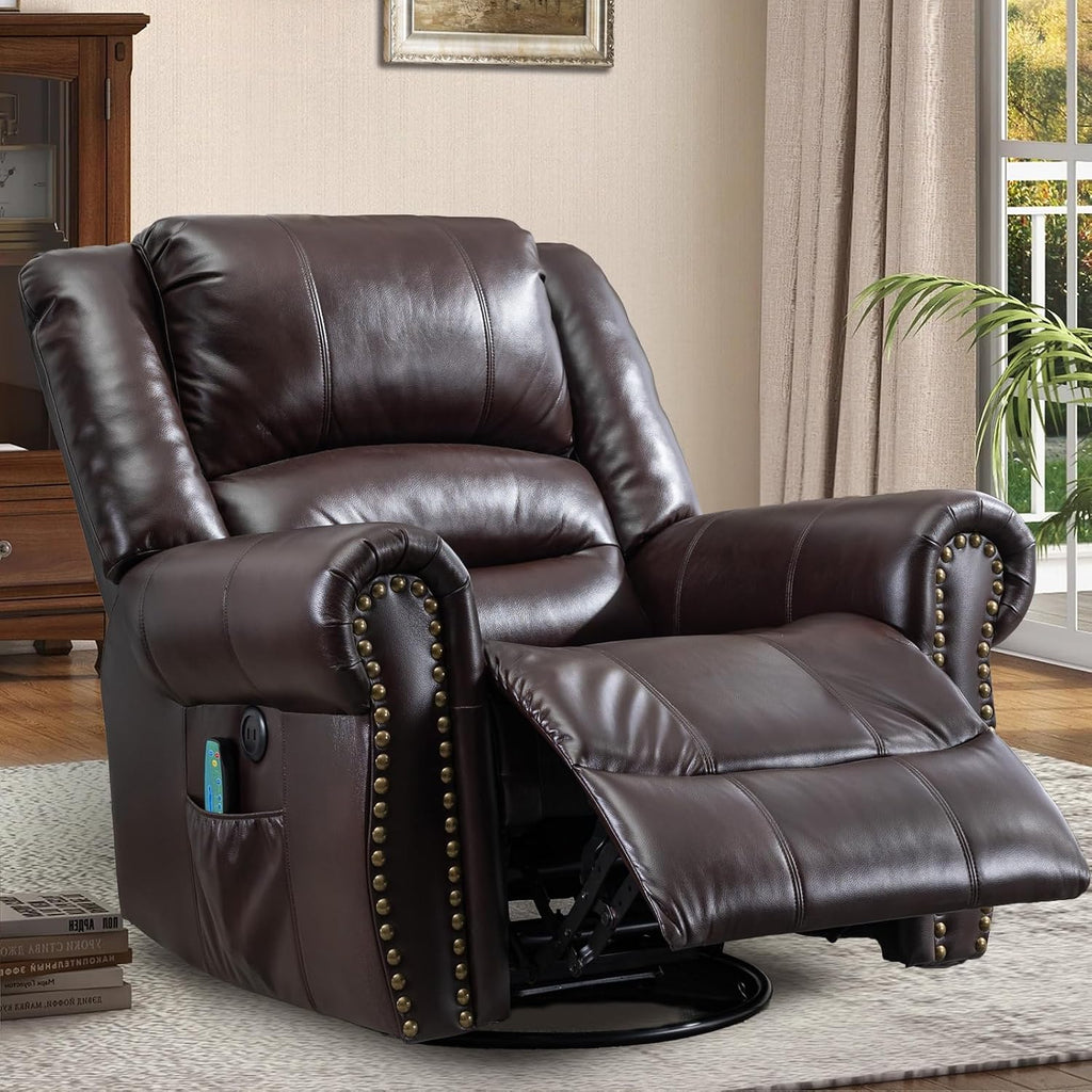 Manual Massage Recliner with Heating Function, 360° Swivel Glider Rocking Recliner Chair for Living Room, Ergonomic Single Sofa Chair with Remote Control/USB Ports/Side Pockets(Dark Brown)