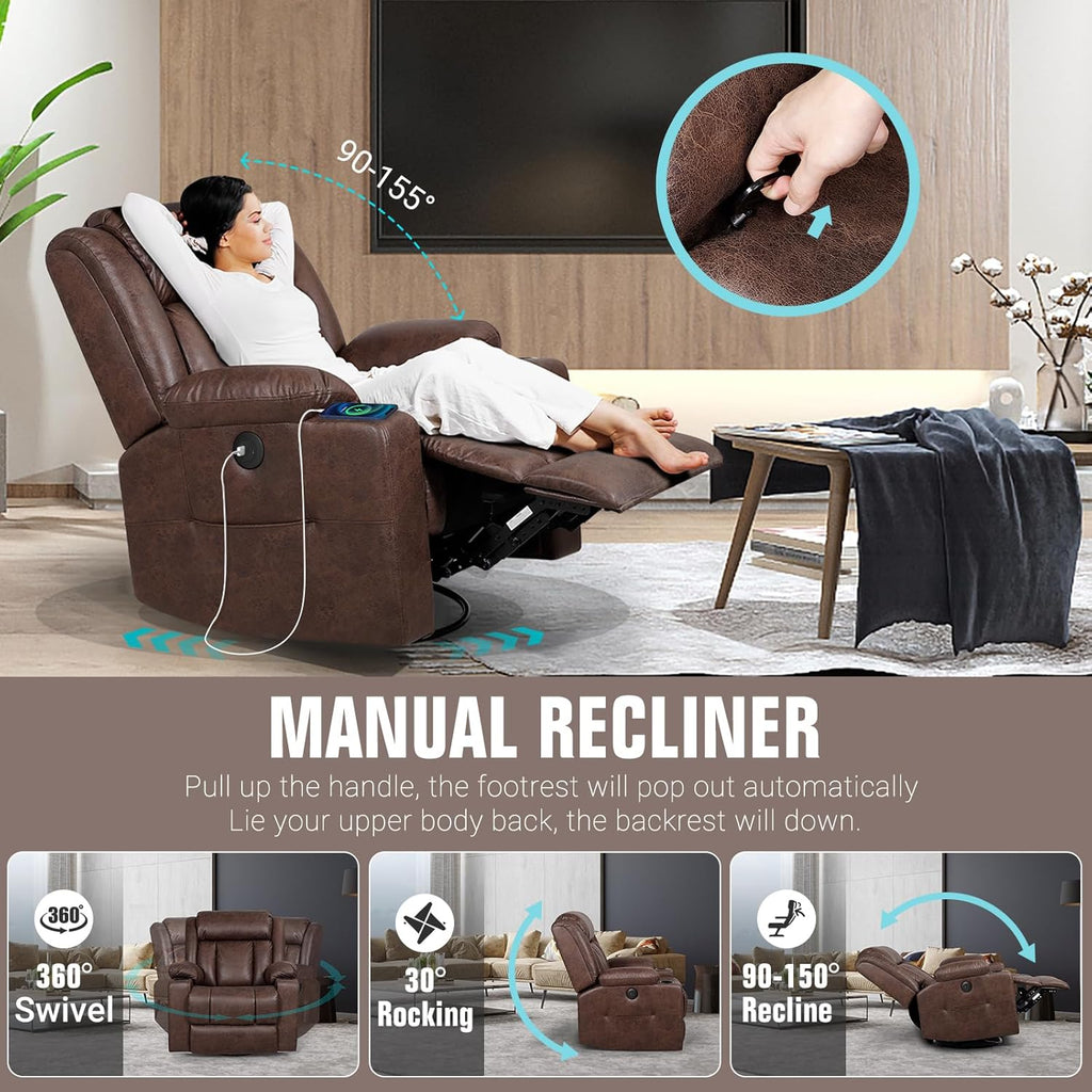 LAFWELL Retro Rocking Recliner Chair, Massage Rocker Recliner Chair with Vibration Massage and Heat, USB and Type-C Ports,360° Swivel Chairs,Living Room, Bedroom, Nursery, RV, Brown