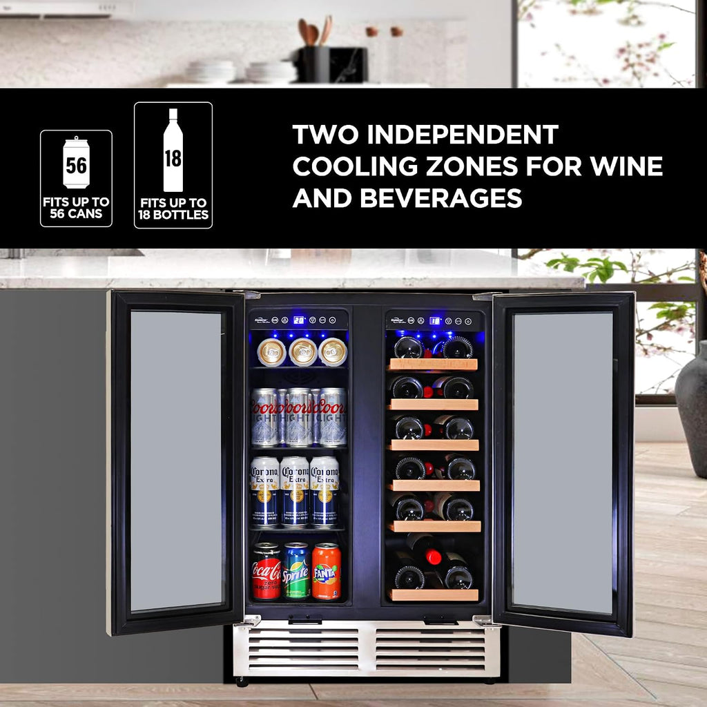 Koolatron Dual Zone Wine Fridge and Wine Cooler, 56 cans & 18 bottles (24 Inch), Built-In or Freestanding Compressor Under Counter Wine Refrigerator, Independent Temperature Control with French Doors