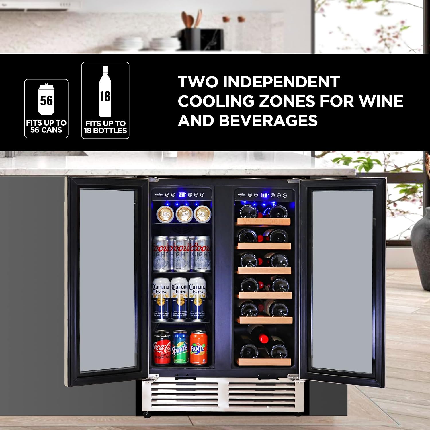 Koolatron Dual Zone Wine Fridge and Wine Cooler, 56 cans & 18 bottles (24 Inch), Built-In or Freestanding Compressor Under Counter Wine Refrigerator, Independent Temperature Control with French Doors