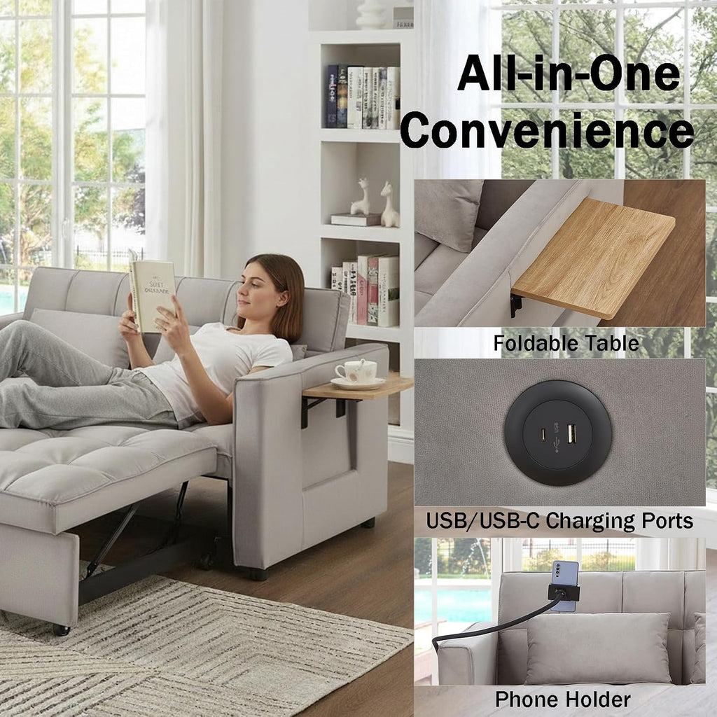 Convertible Sofa Bed, Pull Out Couch with 3-Position Reclining Backrest, Modern Velvet Upholstery Futon Sofa Bed, Loveseat Couch for Living Room, Apartments & Guest Rooms (Grey-L)