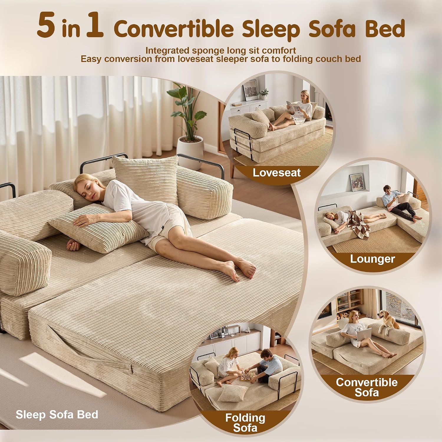 81″ Convertible Sleeper Sofa Bed with Pillows, Corduroy Foldable Mattress Couch with Fixed-Shape Frame, Futon Sofa Bed, Boneless Couch for Living Room Bedroom Lounge Studio, Beige