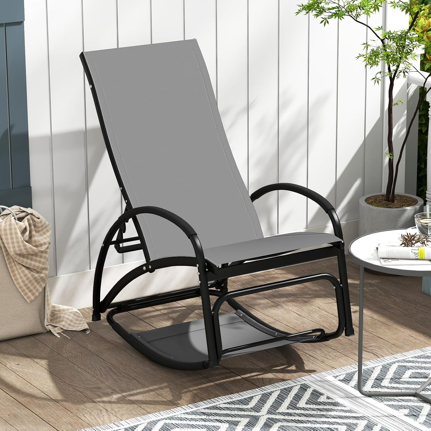 Tangkula Outdoor Rocking Chair Set of 2, 2-in-1 Convertible Lounge Chair with 4-Level Adjustable Backrest, Heavy-Duty Aluminum Frame, Patio Sun Lounger Rocker for Porch, Poolside, Backyard, Garden
