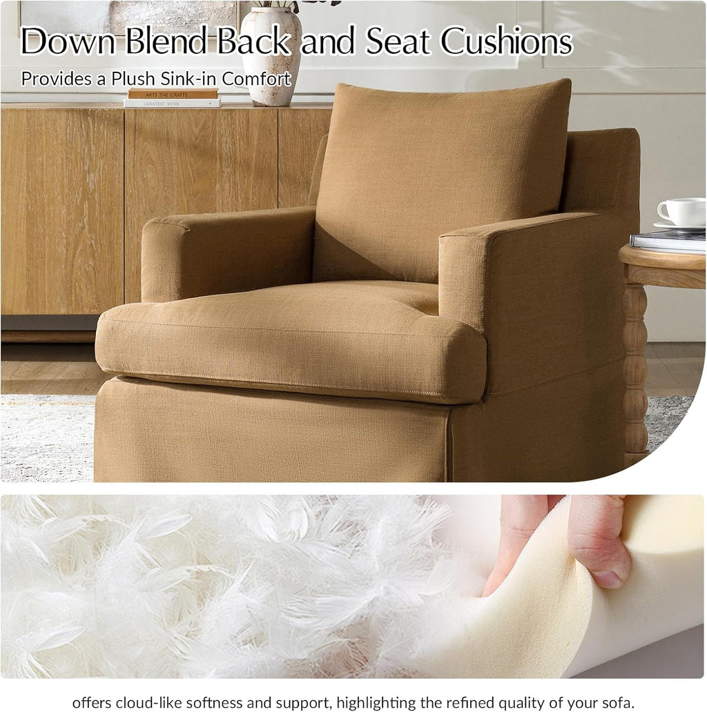 HULALA HOME Swivel Rocker Chair with Solid Wood Frame, Farmhouse Swivel Rocking Accent Chair with Washable Slipcover, Upholstered Barrel Armchair Down Blend Back and Seat Cushions, Golden