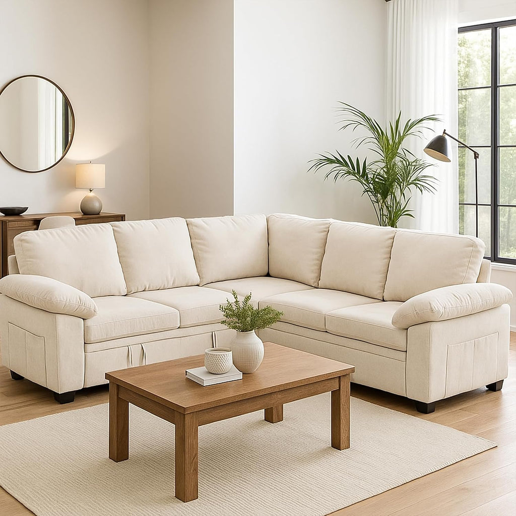 86 Inch Sectional Sleeper L Shaped Sofa with Pull Out Bed, Modular Sectional Sofa with Storage, Modern Chenille Cloud Couch, Sectional Couches for Living Room, Beige