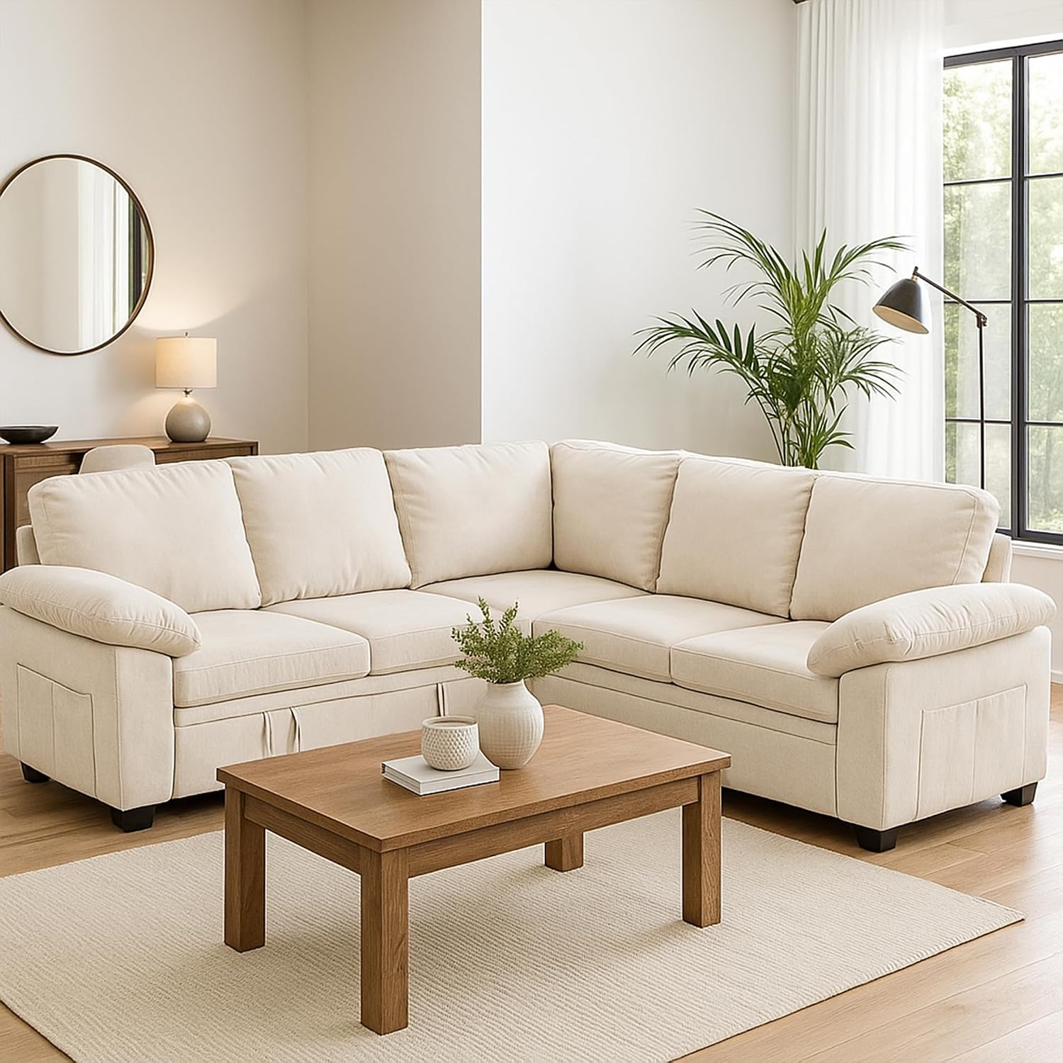 86 Inch Sectional Sleeper L Shaped Sofa with Pull Out Bed, Modular Sectional Sofa with Storage, Modern Chenille Cloud Couch, Sectional Couches for Living Room, Beige