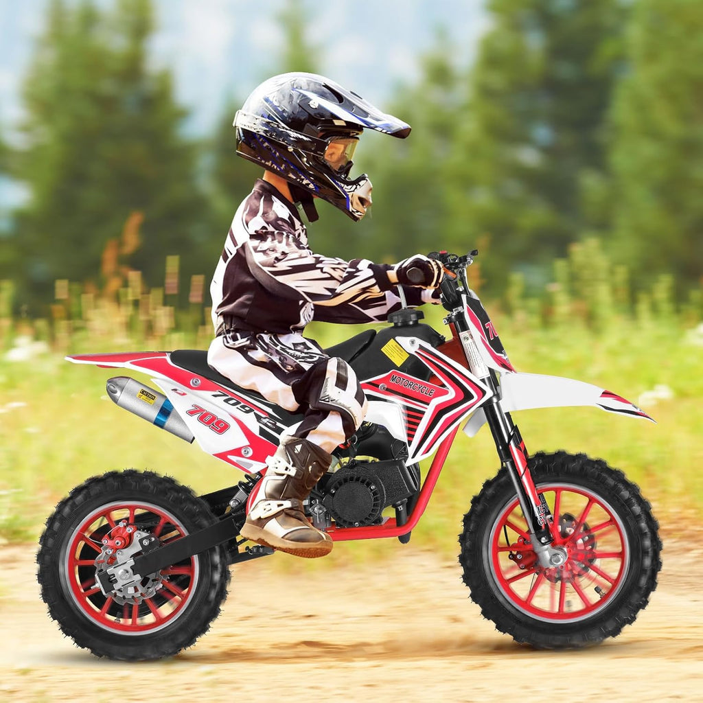 49cc 2-Stroke Kids Dirt Bike, Gas Power Motocross, Off Road Mini Motorcycle, Pocket Motorbike with Front Rear Disc Brakes, Racing Max Speed 30KM/H (Red)