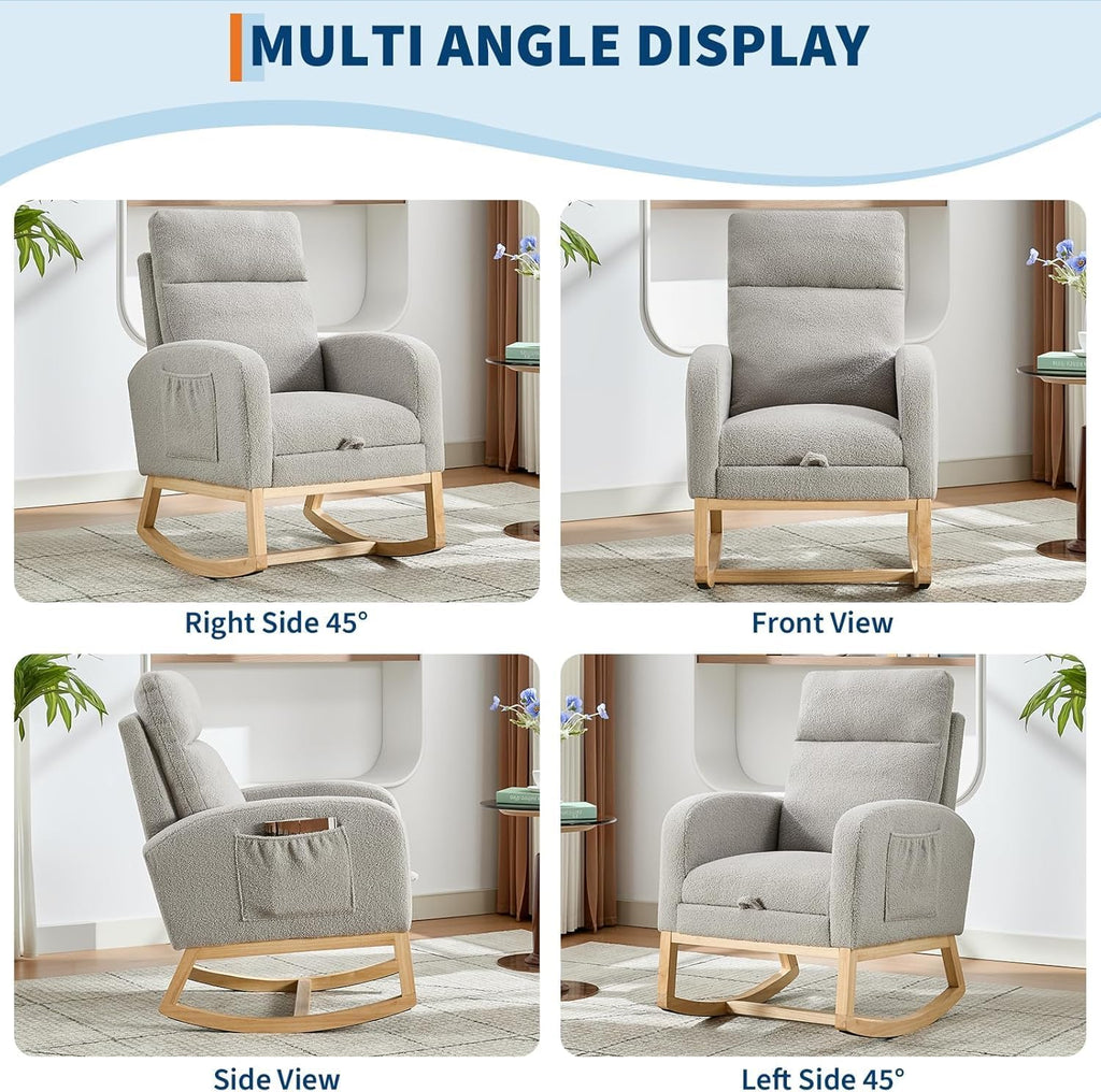 Fabric Rocking Nursery Chair for Mom Nursery,Rocking Chairs with Foot Rest,Recliner Armchair with High Backrest& Wood Legs and Side Pocket for Living Room,Bedroom,Gray
