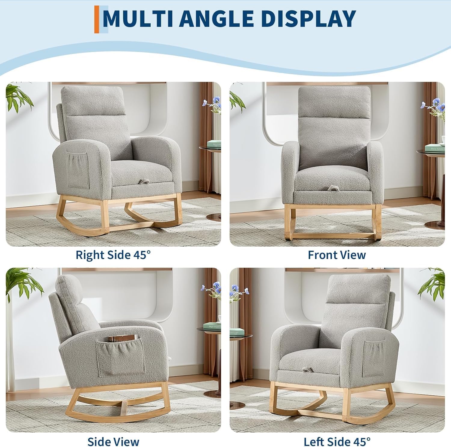 Fabric Rocking Nursery Chair for Mom Nursery,Rocking Chairs with Foot Rest,Recliner Armchair with High Backrest& Wood Legs and Side Pocket for Living Room,Bedroom,Gray