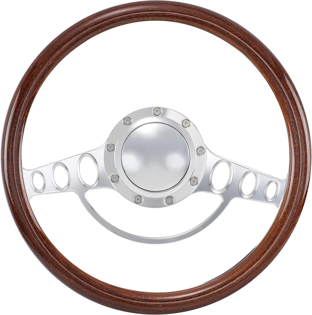 15.5'' Billet Half Wrap 9 Bolts Steering Wheel with 2'' Dish and Horn Button(Walnut Wood)