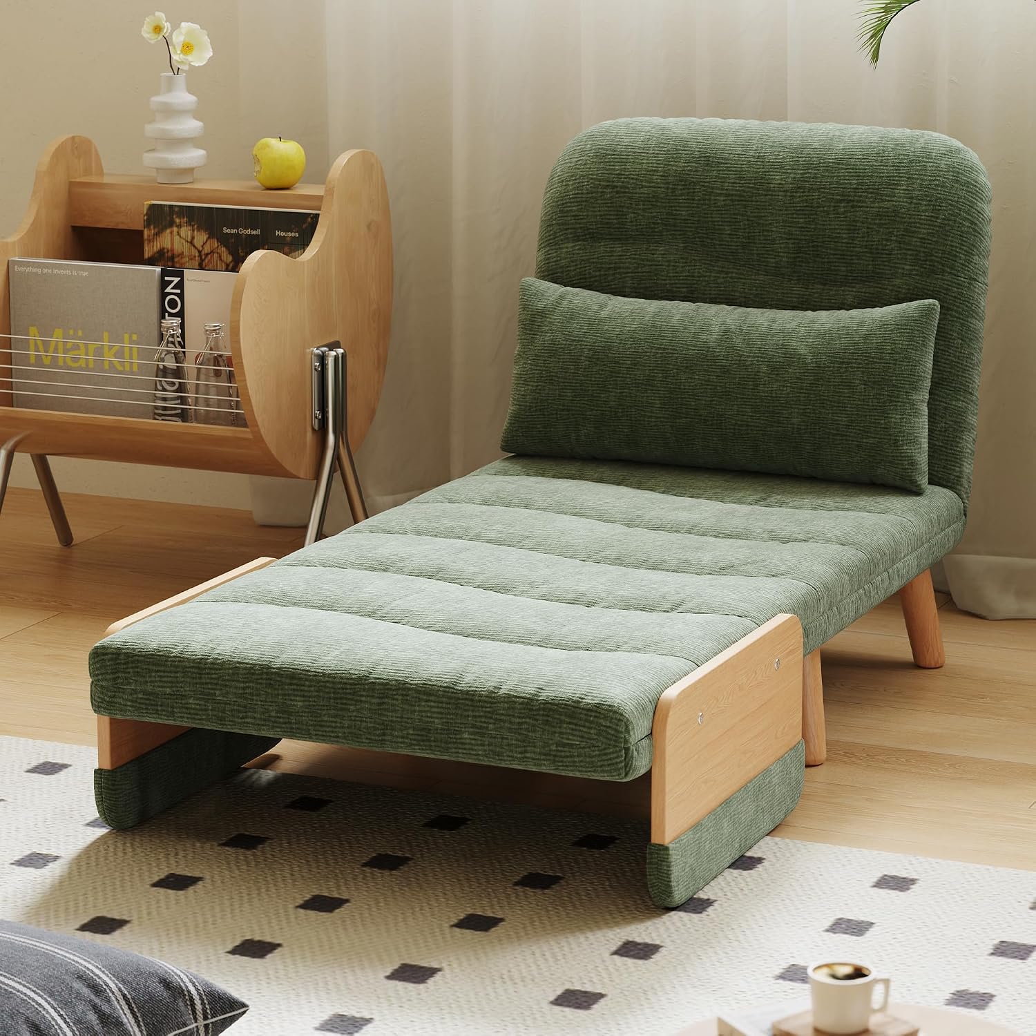 Convertible Lounger Fold-Out Sofa Bed, 3-in-1 Sleeper Sofa，Adjustable Backrest, Modern-Style Sofa for Small Spaces, Bedrooms & Offices(Green,35.43)