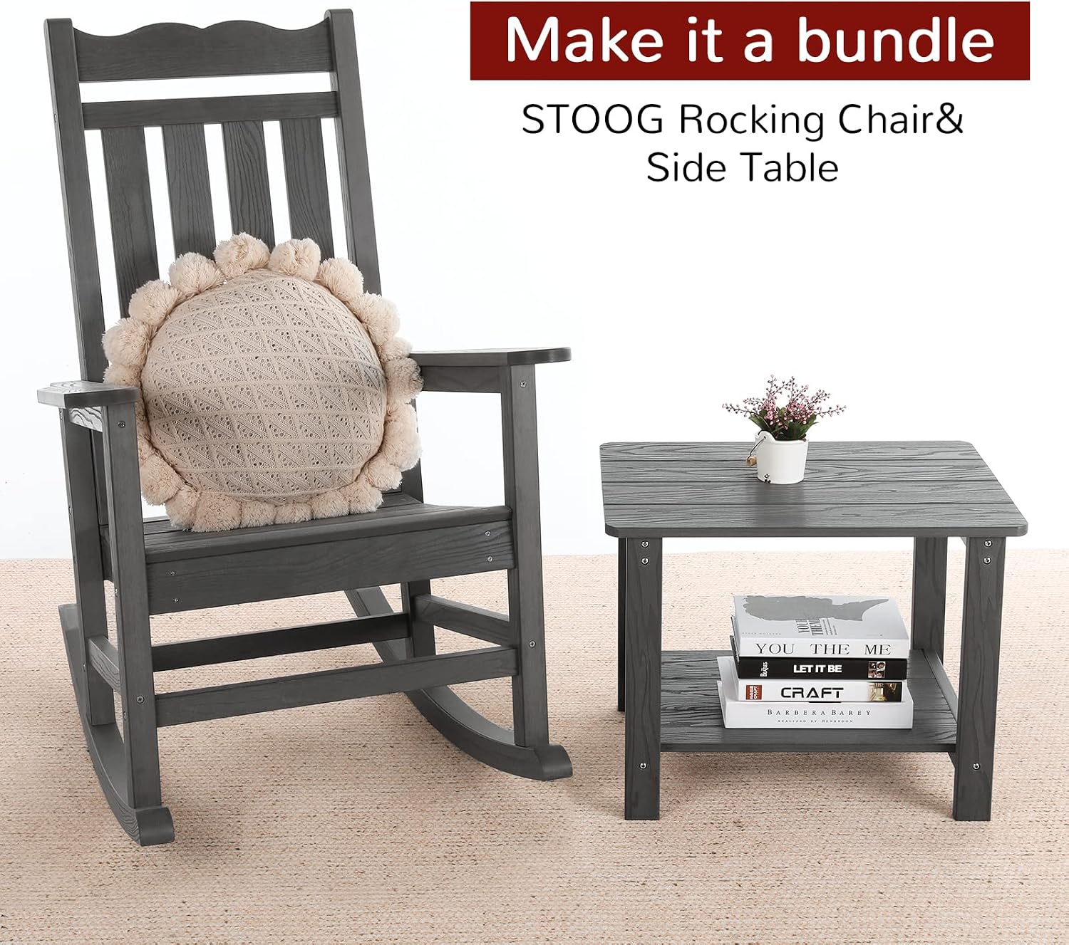 Stoog Outdoor & Indoor Rocking Chairs Set of 2, All-Weather Porch Rocker with High Back, 400 lbs Support Front Porch Rocker Chairs, Easy to Maintain, Grey