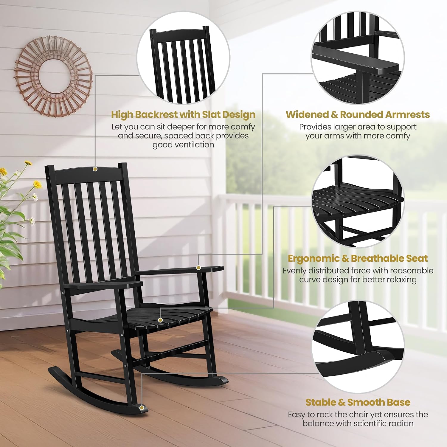ZenStyle Outdoor Rocking Chair Set of 2 with High Back, Perfect for Indoor or Outdoor All Weather Porch Rocker for Garden, Lawn, Balcony, Backyard, Wooden Porch Rocker (2, Black)