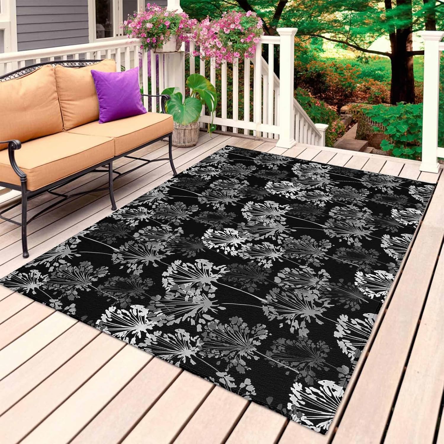 Vintage Floral Outdoor Rug for Patio/Deck/Porch, Non-Slip Large Area Rug 4 x 6 Ft, Black Dandelion Plants Country Botanical Indoor Outdoor Rugs Washable Area Rugs, Reversible Camping Rug Carpet Runner