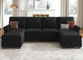 HONBAY Sectional Sofa with Storage Seat Velvet U Shaped Sectional Couch with Reversible Chaise Convertible Sectional Couches for Living Room,Black