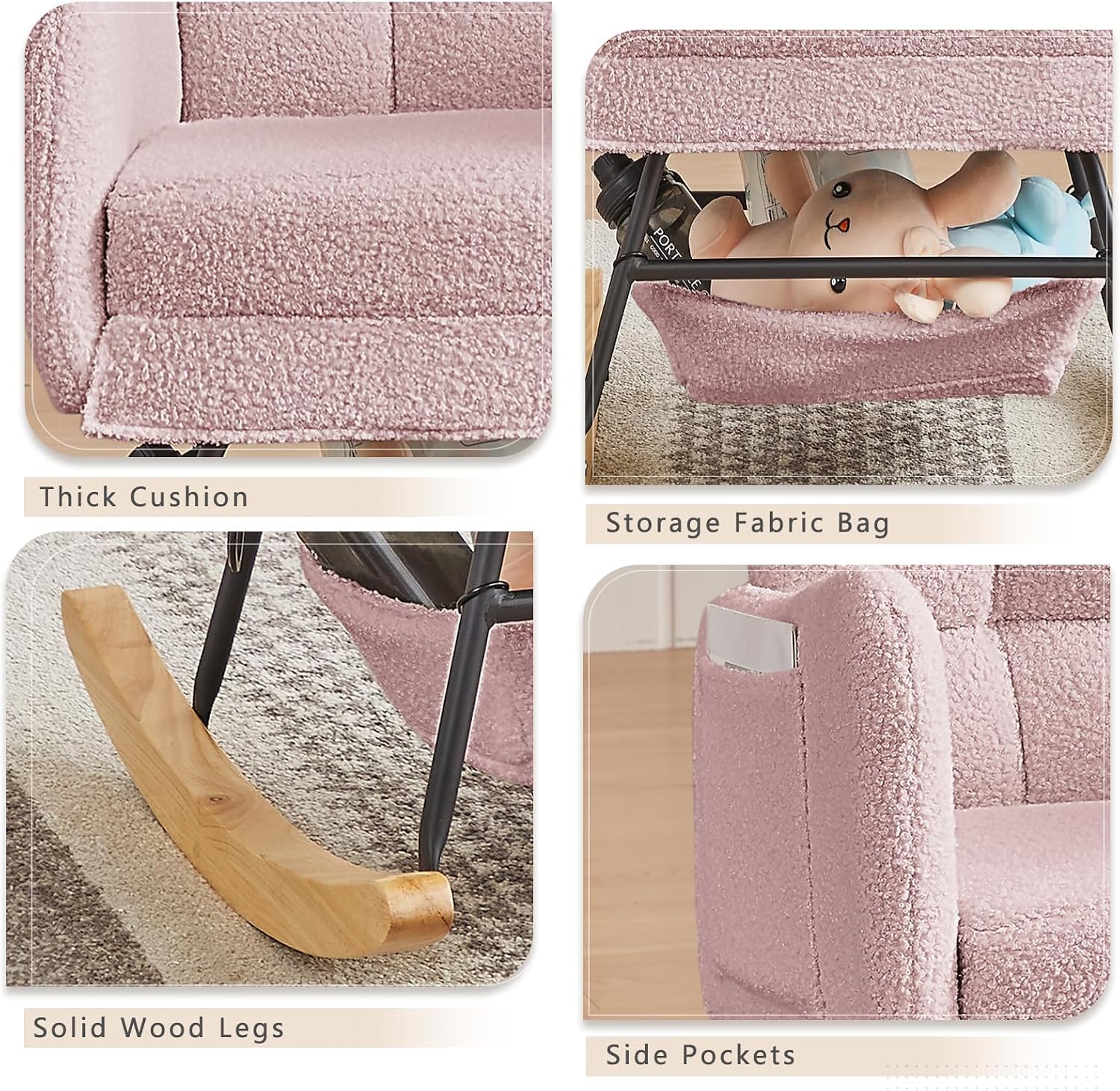 Teddy Upholstered Rocking Chair,Indoor Glider Chair with High Backrest and Side Pockets, Accent Arm Chair with Storage Bag for Living Room. (Pink)