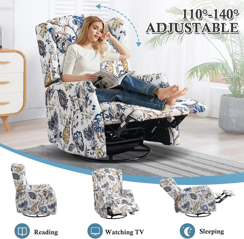 Swivel Rocker Recliner, Manual Nursery Rocker Recliner Chair, Wingback Swivel Recliner Chair, 360 Degree Glider Single Sofa Seat with Padded for Living Room (2, Blue)