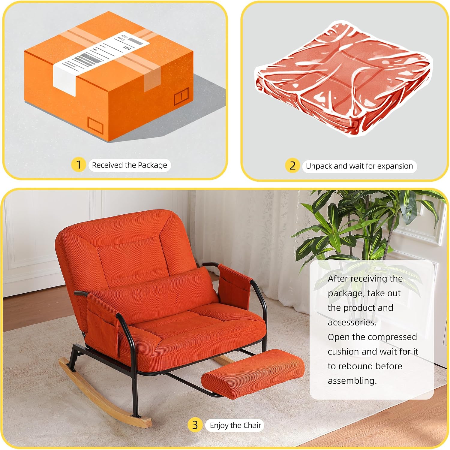 Oversized Rocking Chair, Extra-Wide Glider Patio Rocker Chairs with Foot Rest, Padded Cushion, Adjustable Backrest, Mental Wooden Farm, Indoor/Outdoor Living Room Bedroom Balcony Porch, Orange