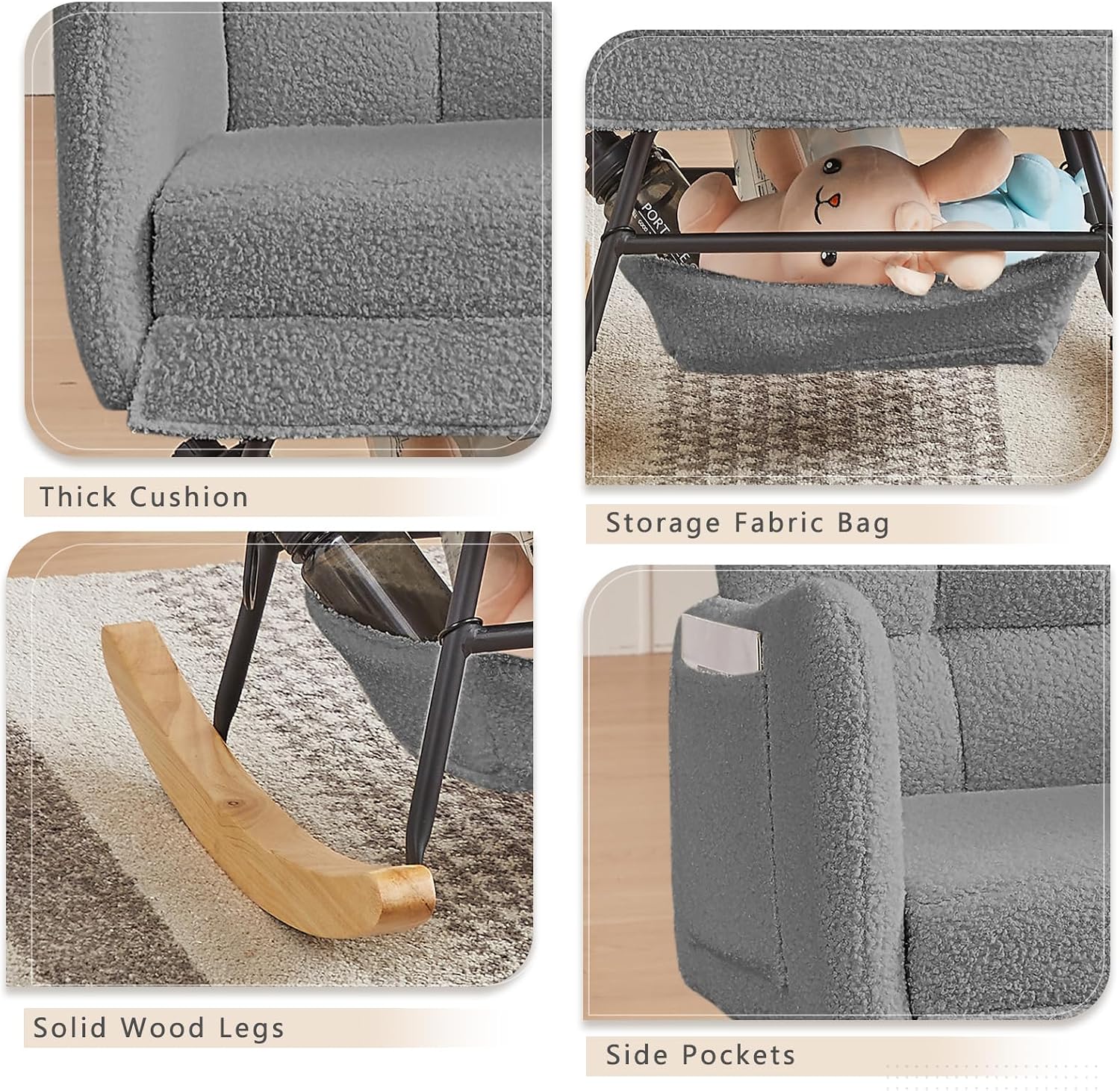 Teddy Upholstered Rocking Chair,Indoor Glider Chair with High Backrest and Side Pockets, Accent Arm Chair with Storage Bag for Living Room. (Grey)
