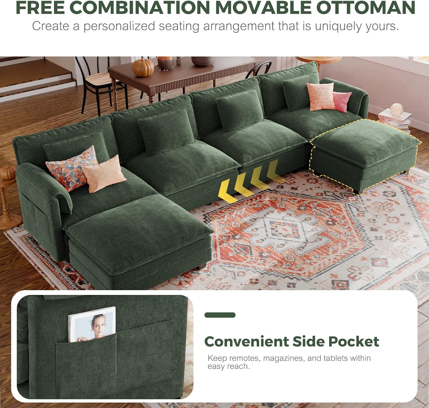 ELUCHANG 116' Luxury Modular Sectional Sofa, Comfy Deep Seat Cloud Couch, Sleeper Sofa Bed, 6 Seat Modern Couch with Removable Cover for Living Room, Apartment, DIY Combination, Chenille Green