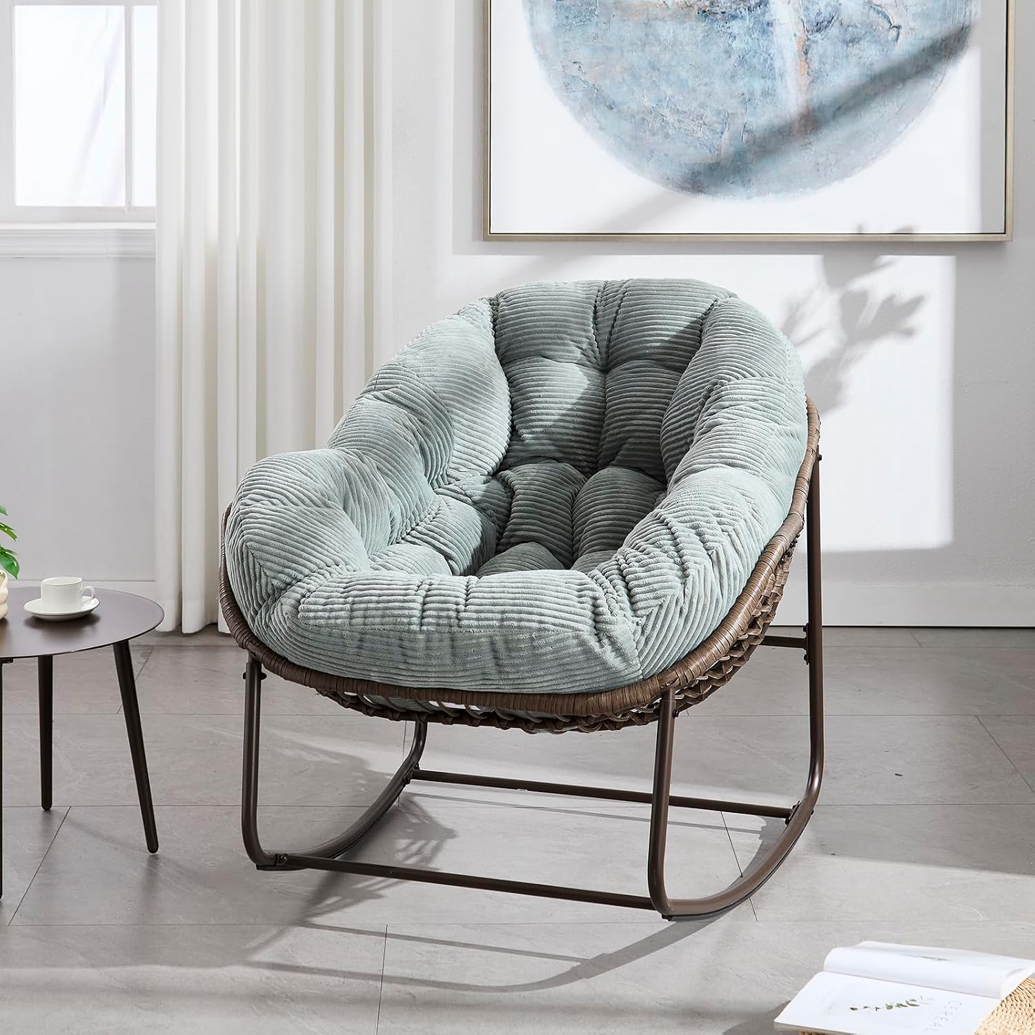 Deolme Large Papasan Rocking Chair with Cushion, Oversized Comfy Reading Chair Lounging Indoor Outdoor Rocker for Front Porch Backyard Bedroom Living Room Egg Chair Rattan (Green Teddy Padded)
