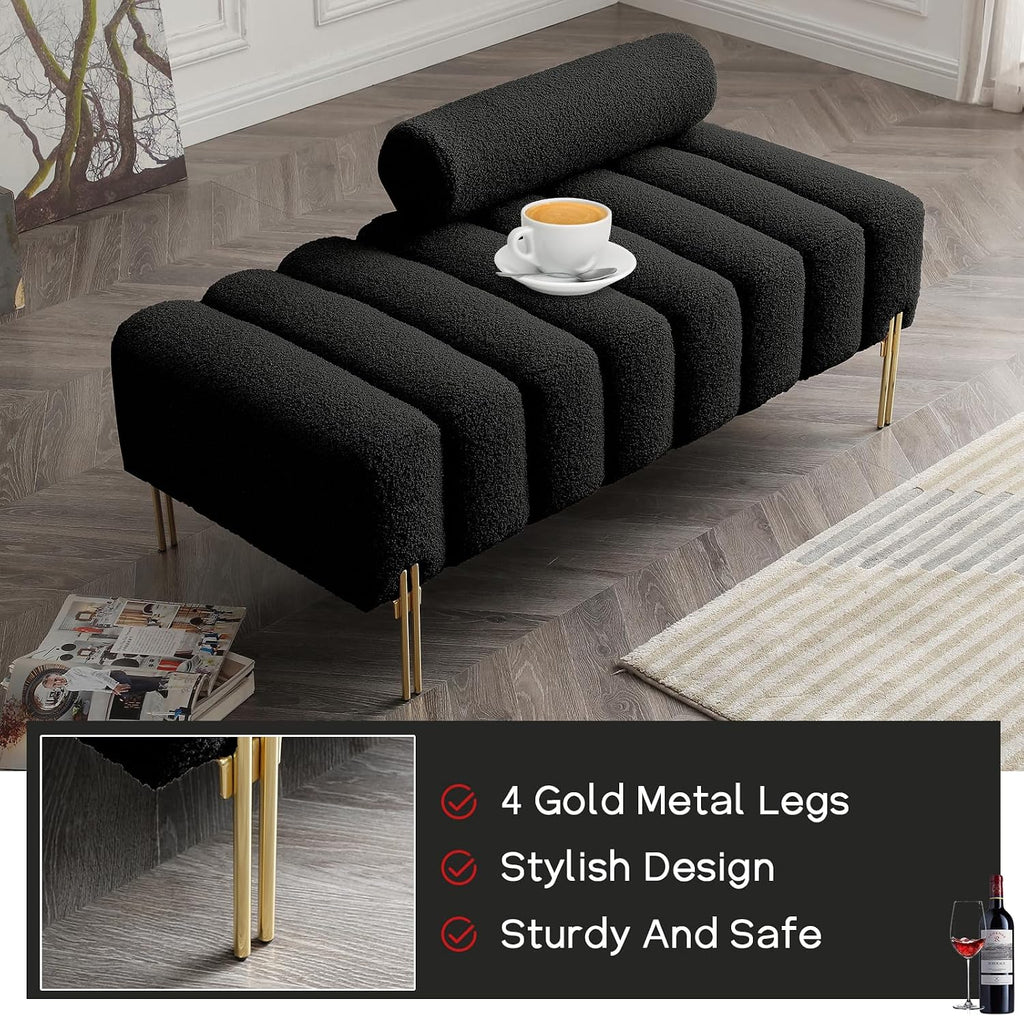 NIOIIKIT 53.2' Modern Loveseat Sofa Couch, Upholstered Accent Sofa with Golden Legs and Adjustable Backrest, Small Teddy Fleece Couches for Bedroom, Living Room, Compact Small Space (Black Teddy)