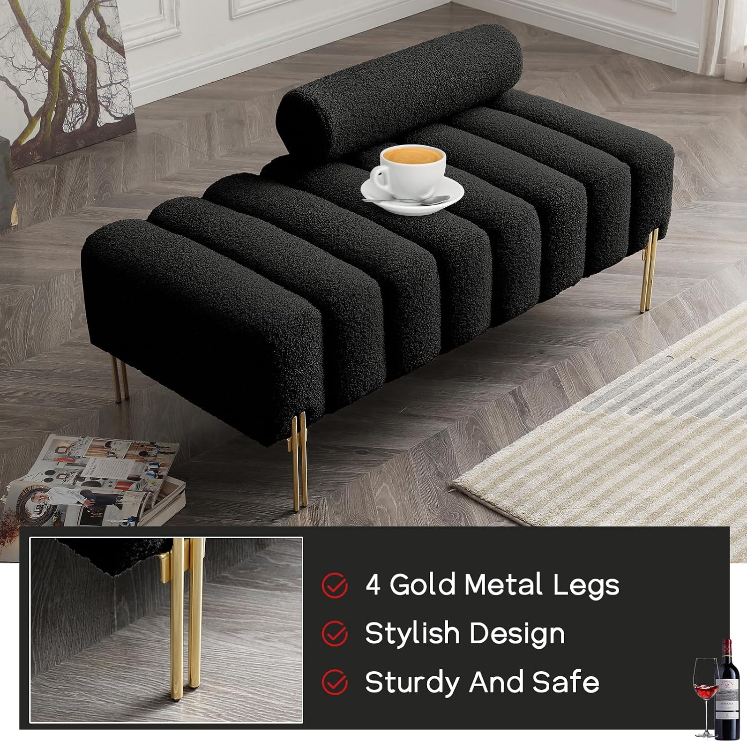 NIOIIKIT 53.2' Modern Loveseat Sofa Couch, Upholstered Accent Sofa with Golden Legs and Adjustable Backrest, Small Teddy Fleece Couches for Bedroom, Living Room, Compact Small Space (Black Teddy)