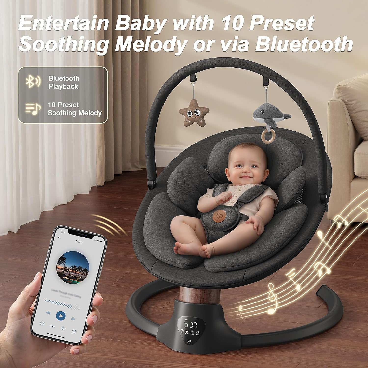 Baby Swings for Infants, FasonBaby Electric Baby Swing with 10 Preset Melodies, 5 Speeds, Remote Control and Bluetooth - Portable Infant Swing for Indoor and Outdoor(Black)