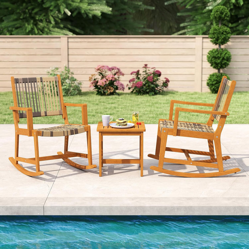 Tangkula 3 Piece Patio Rocking Set, Acacia Wood Rocker Bistro Set w/Rattan Seat & Back, 2 Outdoor Armchairs w/Square Side Table for Porch, Balcony, Backyard
