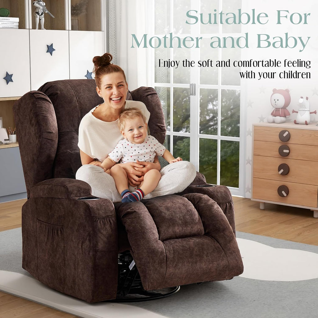 TUNYI Power Recliner Chair - Velvet Home Theater Seating Glider Reclining Sofa with Massage & Heat Swivel Rocker Recliner Chair for Living Room with LED Light/USB Port/Lumbar Pillow (Brown)