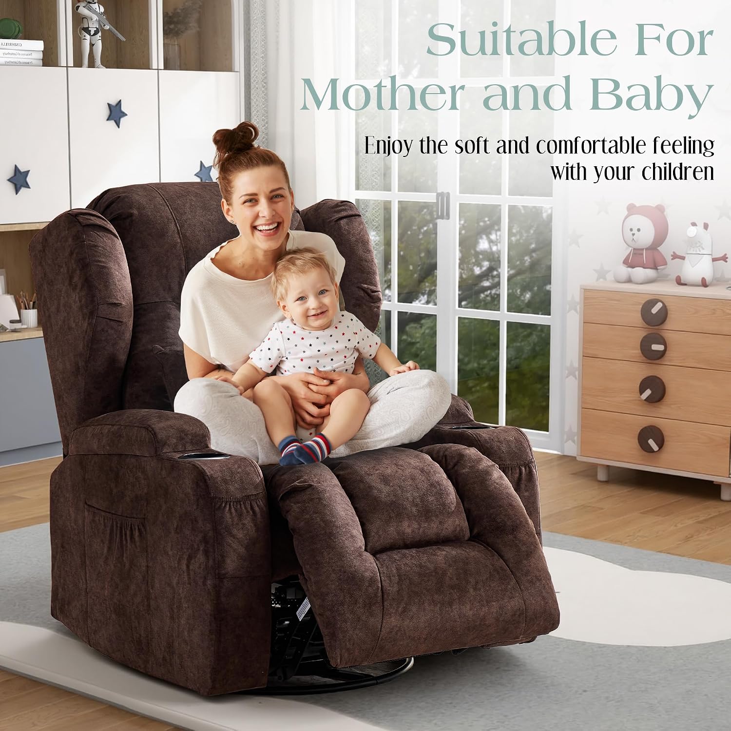 TUNYI Power Recliner Chair - Velvet Home Theater Seating Glider Reclining Sofa with Massage & Heat Swivel Rocker Recliner Chair for Living Room with LED Light/USB Port/Lumbar Pillow (Brown)