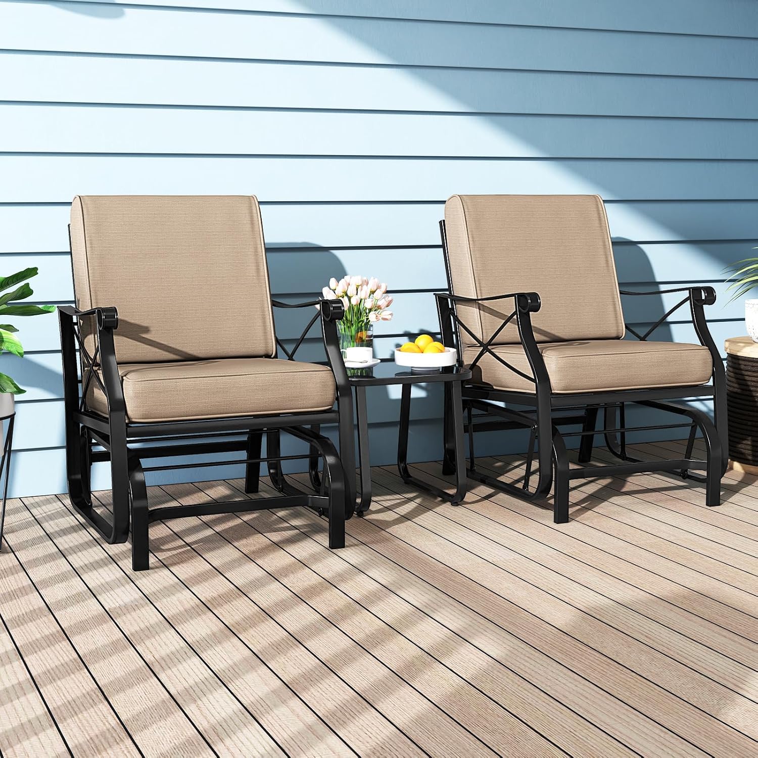 Tangkula Outdoor Glider Rocking Chair, Patio Gliding Chair Furniture with Metal Frame and Thick Cushions for Porch, Balcony, Garden and Yard (2 Pack)