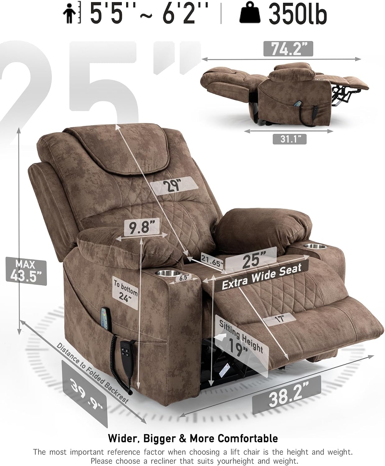 Oversized Lazy Boy Recliner Chair, 2 Motor Leather Recliner, Nursing Lift Chair with Massage and Lumbar Heating, Functional Adult Power Recliner with Cup Holders