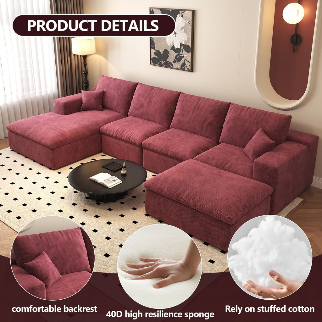 136.6'' U-Shaped Modern Modular Sectional Cloud Couch Whit Ottoman, 4-Seat Chenille Deep-Seat Sofa with Pillow for Living Room, Bedroom, Apartment, Wine Red