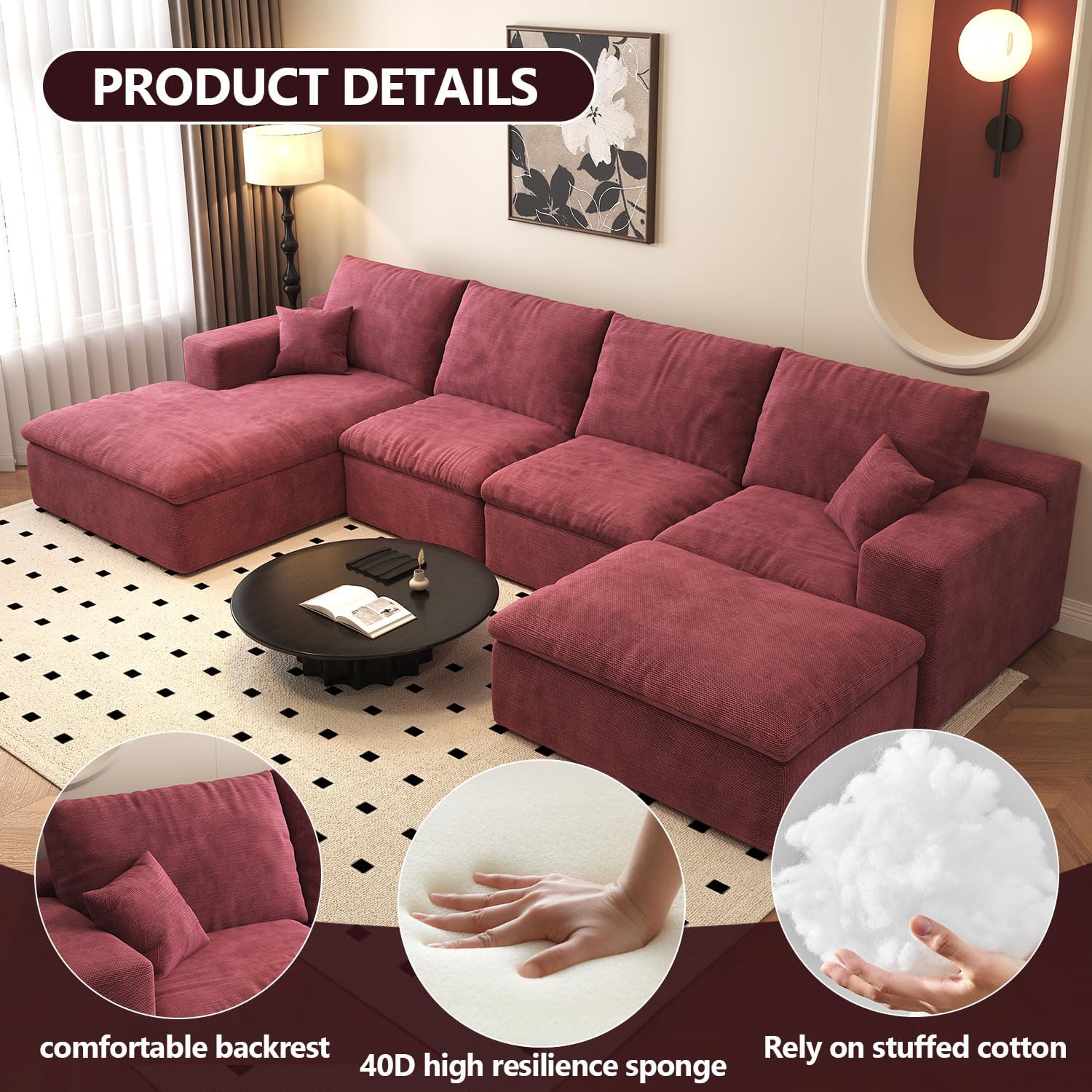 136.6'' U-Shaped Modern Modular Sectional Cloud Couch Whit Ottoman, 4-Seat Chenille Deep-Seat Sofa with Pillow for Living Room, Bedroom, Apartment, Wine Red