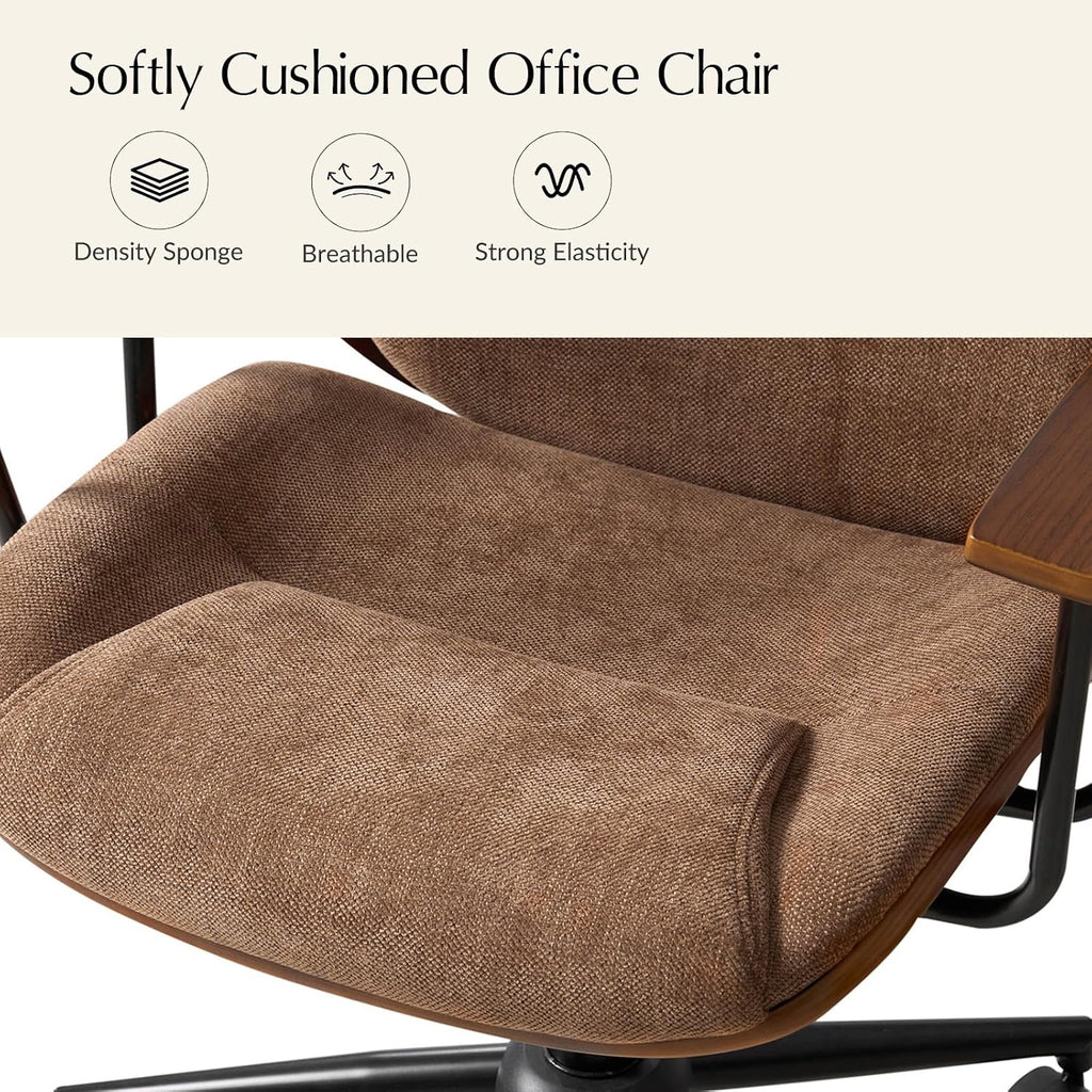 HULALA HOME Solid Wood Office Chair with Rocking Function, Comfy Fabric Desk Chair with Bent Wood and Metal Base, Height Adjustable Swivel Computer Task Chair, Camel