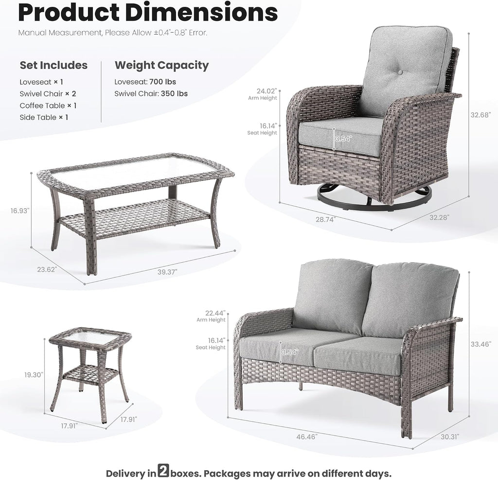 ovios 5-Piece Patio Furniture Set, Outdoor Wicker Sofa with Swivel Chairs Coffee Table, High Back Rattan Couch Loveseat with Comfy Cushions for Porch Yard Deck, Dark Grey