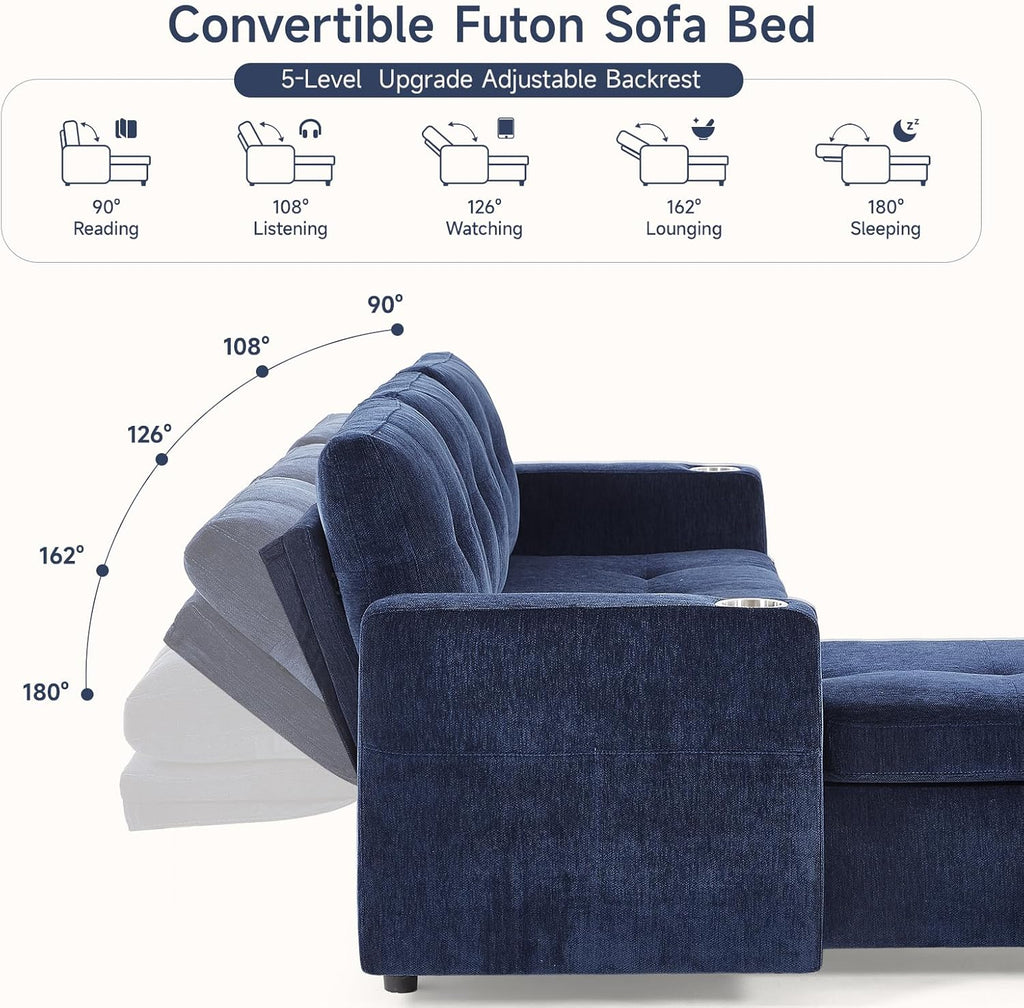 ONBRILL Sleeper Sofa,Pull Out Couch Bed with Storage Chaise,L Shaped Cloud Couch with Adjustable Backrest,Sectional Couches for Living Room,Apartment,Tool-Free Assembly, Chenille,Blue
