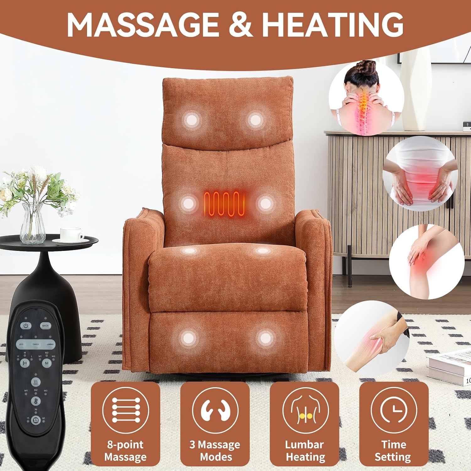 Anwick 360° Swivel Rocker Recliner Chair with Heat and Massage, Manual Upholstered Recliner for Small Spaces, Fabric Glider Nursery Chair with Side Pockets for Living Room (Orange)