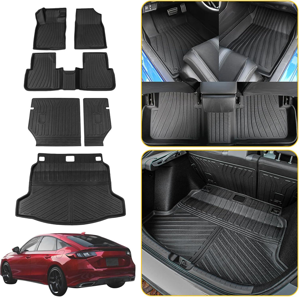 Floor Mats Compatible with 2022-2025 2026 Honda Civic Hatchback Cargo Mat Liner TPE Trunk Mat Back Seat Cover Kick Mat Civic Hatchback Accessories (Backrest Mats+Trunk Mat+Floor Mats)