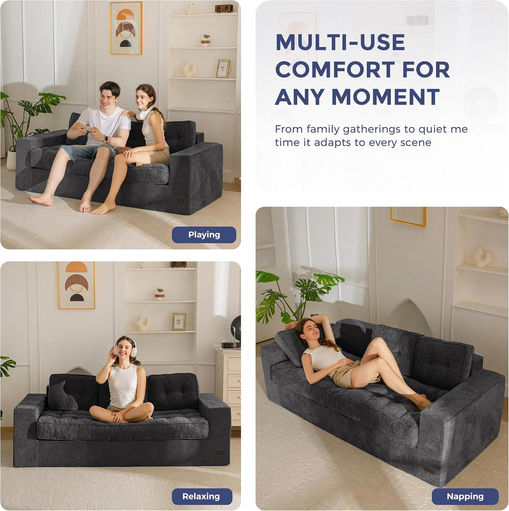 MAXYOYO 3-Seater Boneless Sofa Couch, Tufted Sofa Lounge for Living Room, Comfy Bean Bag Chair High-Density Foam Couch with Pillows, No Assembly Required