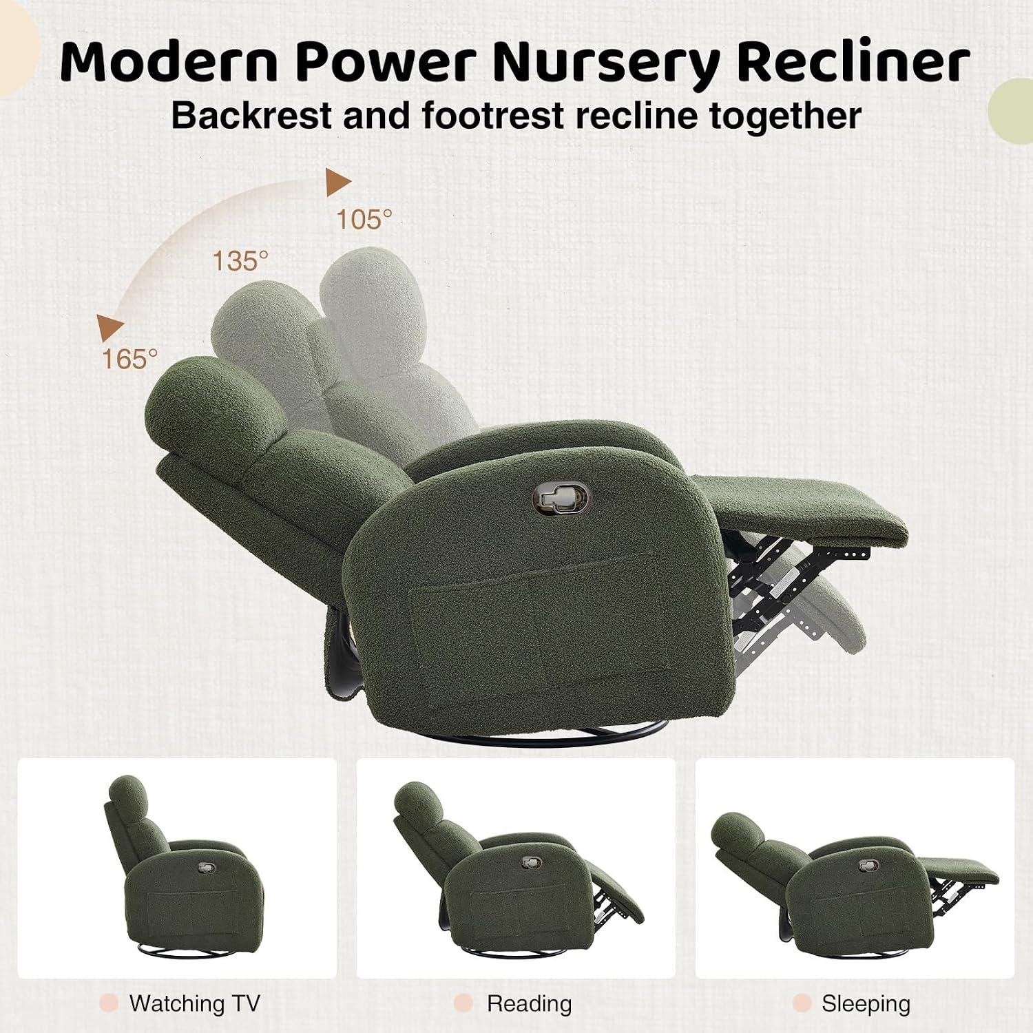 Nursery Glider Recliner, Boucle Nursery Rocking Chair Recliner, Manual Nursery Glider Recliner with Double Pockets and Lumbar Support for Adult, Teddy Green