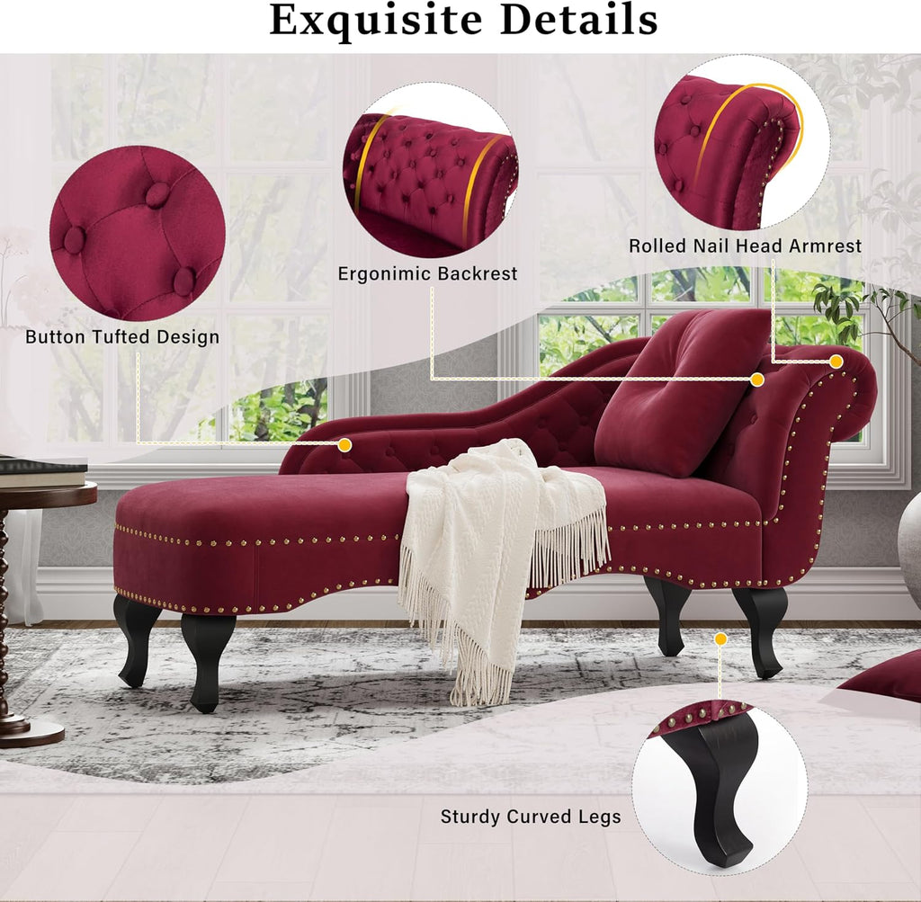 Merax 62'' Velvet Chaise Lounge Indoor with 1 Pillow and Nailhead Trim, Button Tufted Design Reclining Chair with Scrolled Backrest, Sleeper Sofa for Bedroom, Living Room or Office,