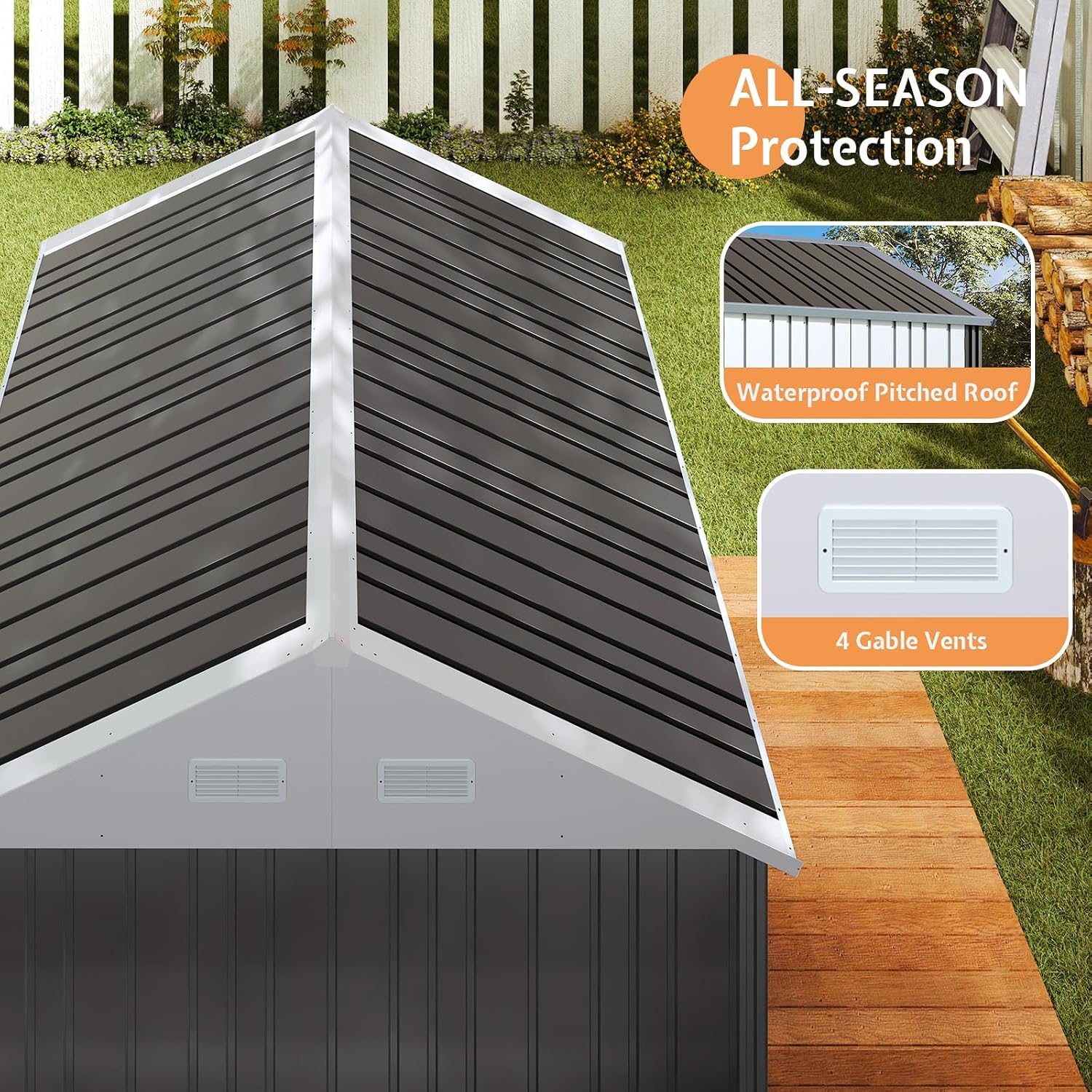 VanAcc 8.5x7.1x7.5 FT Galvanized Steel Outdoor Storage Shed, Lockable Double Hinged Doors and 4 Vents, Metal Shed for Backyard Storage, Dark Black/White