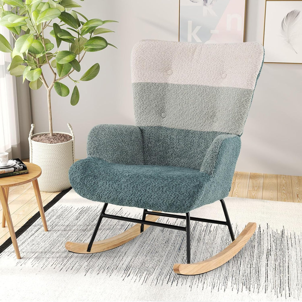 Giantex Rocking Chair Nursery, Boucle Upholstered Glider Rocker w/Ergonomic High Backrest, Rubber Wood Legs & Side Pocket, Striped Modern Accent Chair for Bedroom, Living Room, Offices