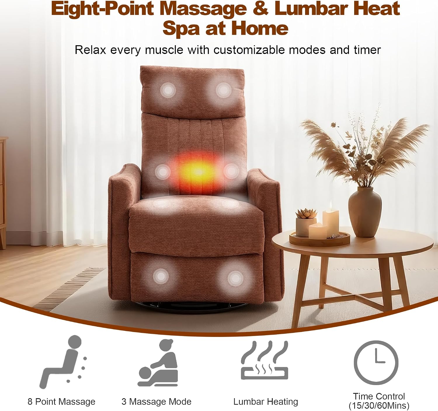 Casaphoria 360° Swivel Rocking Recliner Chair with Heat and Massage Upholstered Fabric Nursery Glider with Side Pocket for Living Room,Bedroom,Home Theater and RV Small Space(Orange)