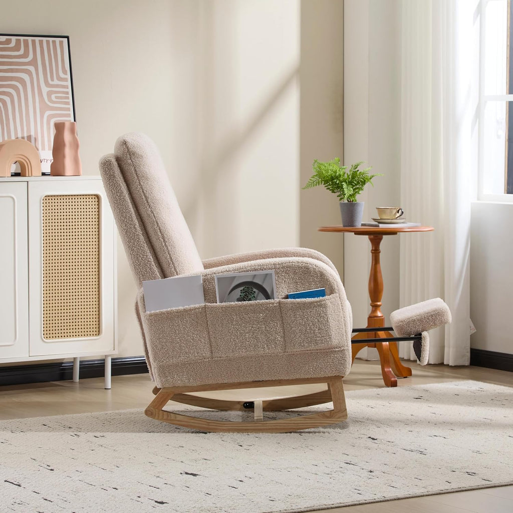 Cloud Rocking Chair Nursery, Comfy Glider Nursery Chair with Foot Rest, Upholstered Rocker, Modern Accent Reading Armchair with Solid Wood Base for Living Room, Bedroom (40.9' Beige)